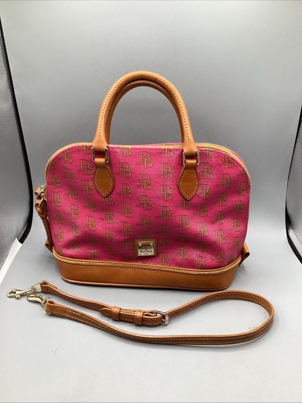 NOS Dooney & Bourke Pink Logo Satchel with Tan Leather Trim and Strap